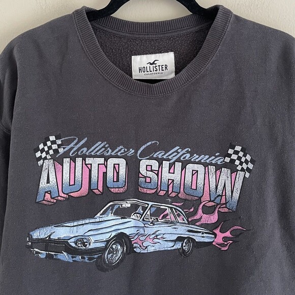 Hollister Pullover Sweatshirt Top L Auto Show Graphic California Raw Hem Gray - Picture 2 of 9